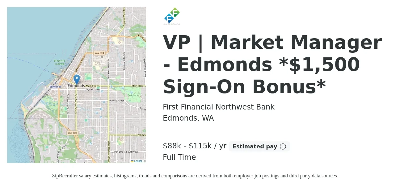 First Financial Northwest Bank job posting for a VP | Market Manager - Edmonds *$1,500 Sign-On Bonus* in Edmonds, WA with a salary of $88,992 to $115,000 Yearly with a map of Edmonds location.