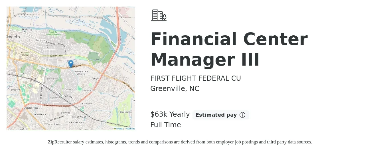 FIRST FLIGHT FEDERAL CU job posting for a Financial Center Manager III in Greenville, NC with a salary of $63,000 Yearly with a map of Greenville location.