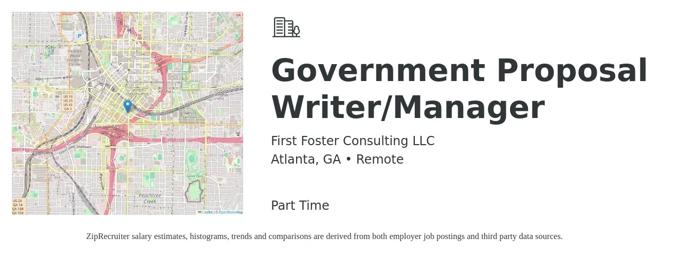 First Foster Consulting LLC job posting for a Government Proposal Writer/Manager in Atlanta, GA with a salary of $2,000 Monthly with a map of Atlanta location.