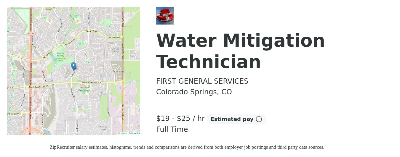 FIRST GENERAL SERVICES job posting for a Water Mitigation Technician in Colorado Springs, CO with a salary of $20 to $26 Hourly with a map of Colorado Springs location.