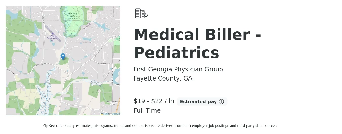 First Georgia Physician Group job posting for a Medical Biller - Pediatrics in Fayette County, GA with a salary of $20 to $23 Hourly with a map of Fayette County location.