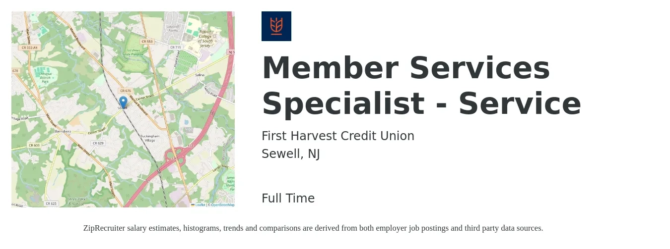 First Harvest Credit Union job posting for a Member Services Specialist - Service in Sewell, NJ with a salary of $16 to $20 Hourly with a map of Sewell location.