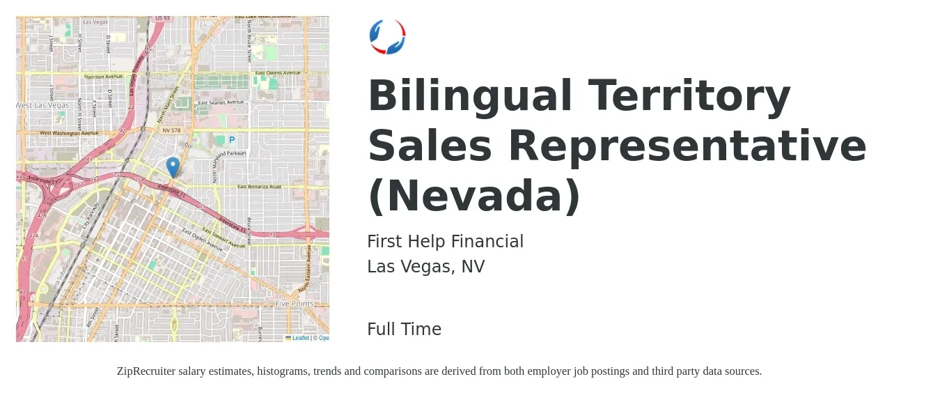 First Help Financial job posting for a Bilingual Territory Sales Representative (Nevada) in Las Vegas, NV with a salary of $47,800 to $79,300 Yearly with a map of Las Vegas location.