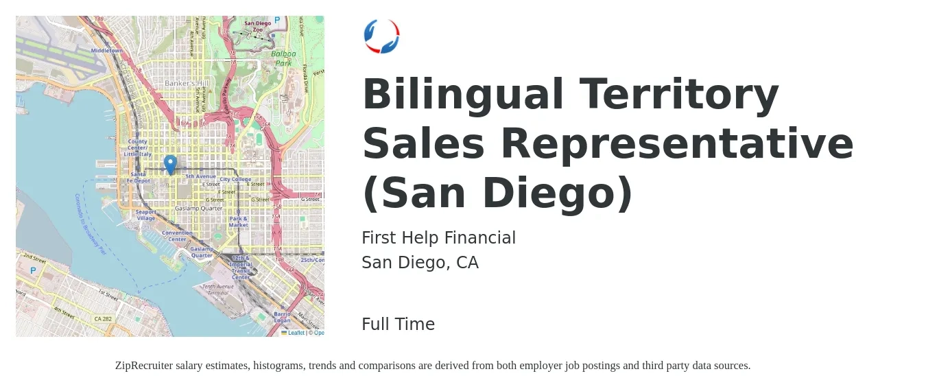 First Help Financial job posting for a Bilingual Territory Sales Representative (San Diego) in San Diego, CA with a salary of $53,100 to $88,100 Yearly with a map of San Diego location.