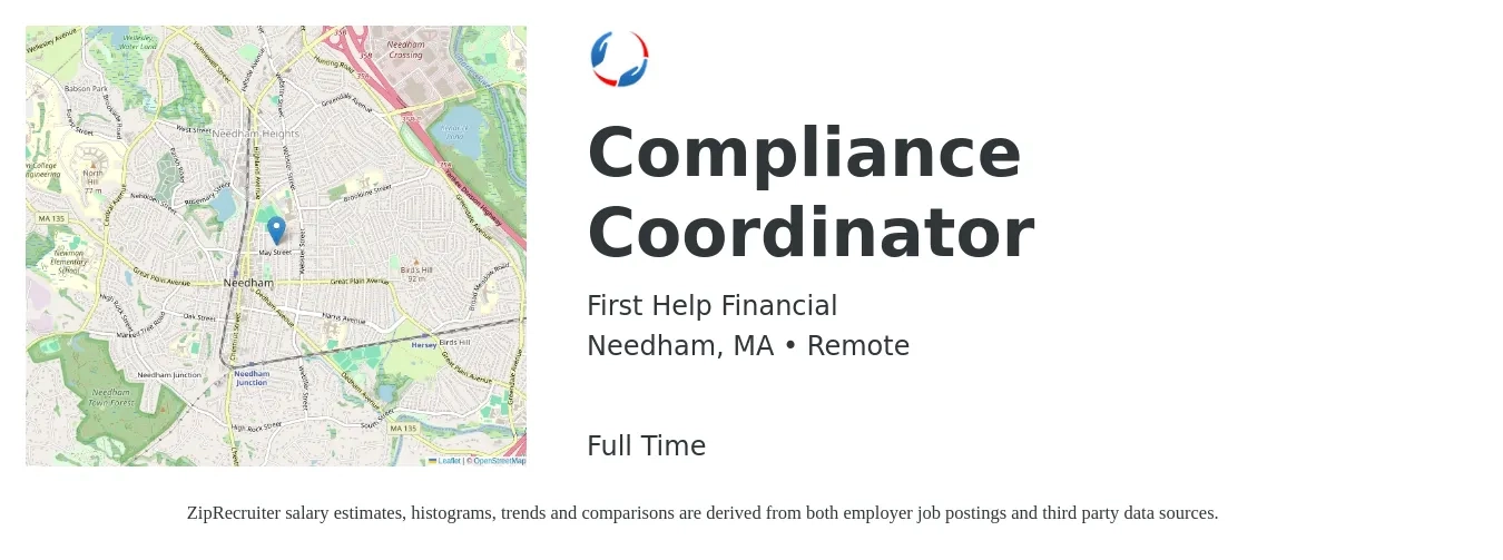 First Help Financial job posting for a Compliance Coordinator in Needham, MA with a salary of $50,100 to $71,400 Yearly with a map of Needham location.