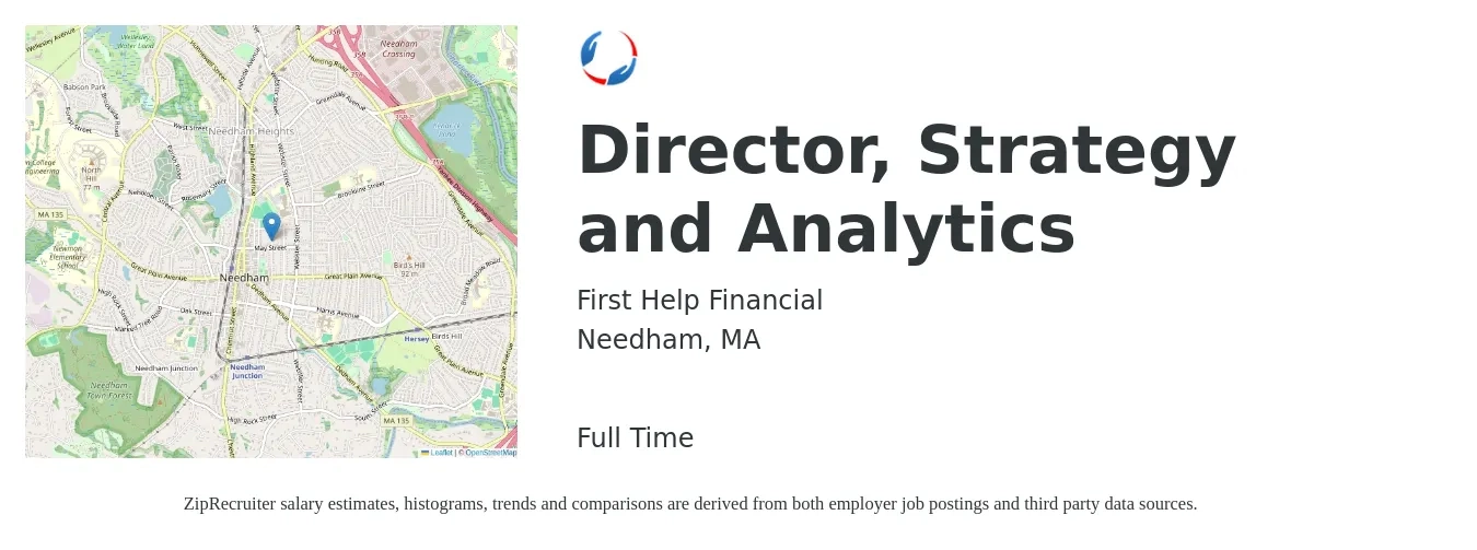 First Help Financial job posting for a Director, Strategy and Analytics in Needham, MA with a salary of $128,000 to $158,000 Yearly with a map of Needham location.