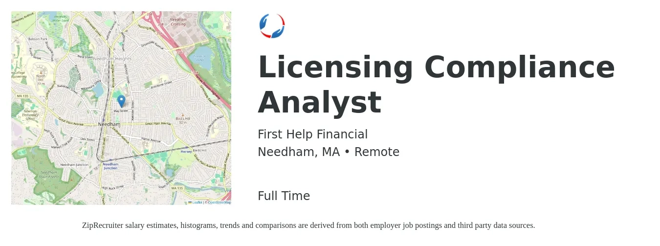 First Help Financial job posting for a Licensing Compliance Analyst in Needham, MA with a salary of $63,200 to $81,700 Yearly with a map of Needham location.