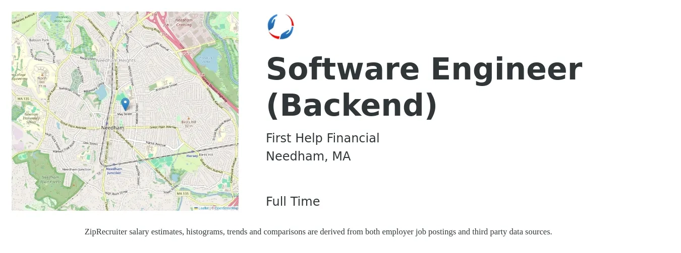 First Help Financial job posting for a Software Engineer (Backend) in Needham, MA with a salary of $120,000 Yearly with a map of Needham location.