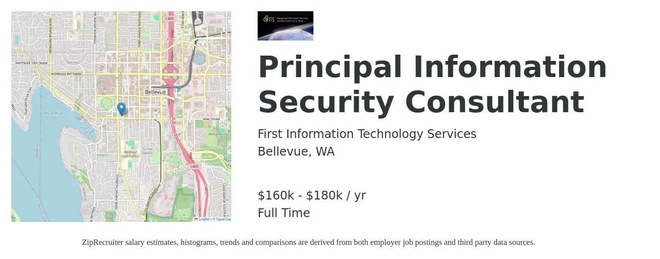 First Information Technology Services job posting for a Principal Information Security Consultant in Bellevue, WA with a salary of $160,000 to $180,000 Yearly with a map of Bellevue location.