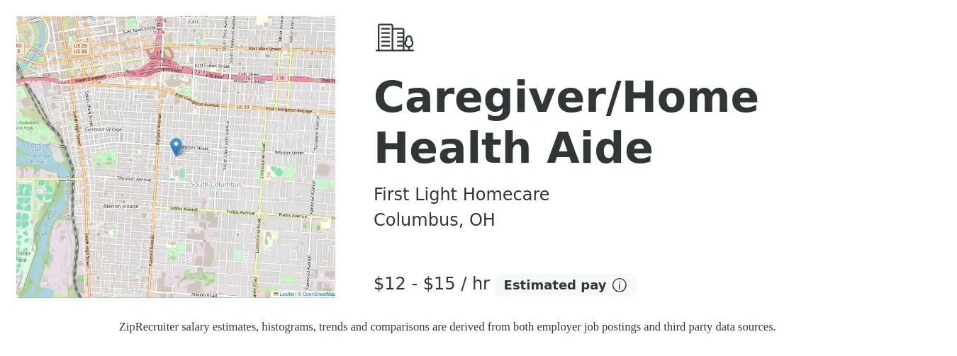 First Light Homecare job posting for a Caregiver/Home Health Aide in Columbus, OH with a salary of $14 to $16 Hourly with a map of Columbus location.