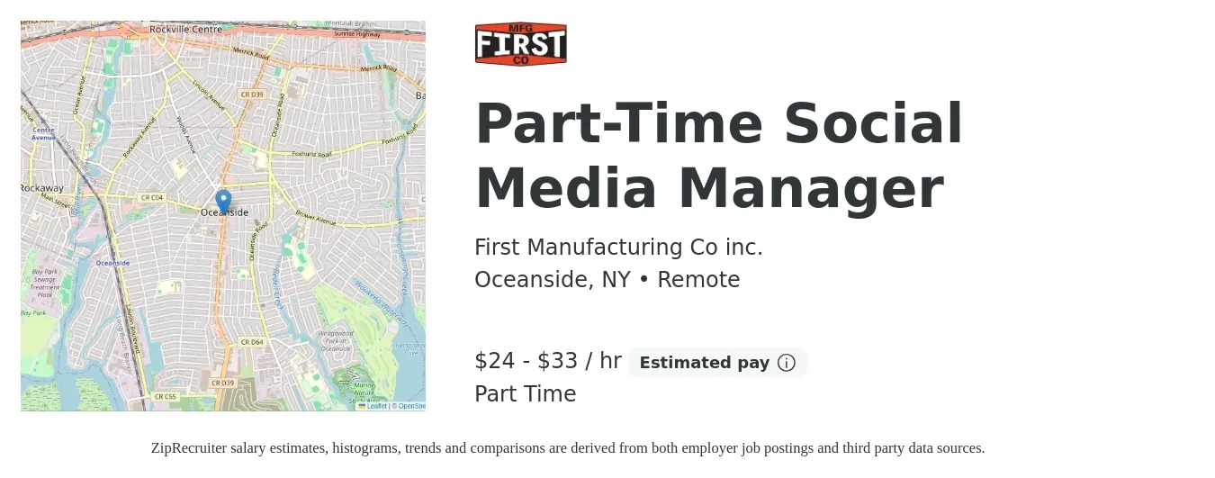 First Manufacturing Co inc. job posting for a Part-Time Social Media Manager in Oceanside, NY with a salary of $25 to $35 Hourly with a map of Oceanside location.