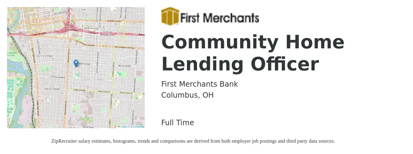 First Merchants Bank job posting for a Community Home Lending Officer in Columbus, OH with a salary of $1,740 to $5,120 Monthly with a map of Columbus location.