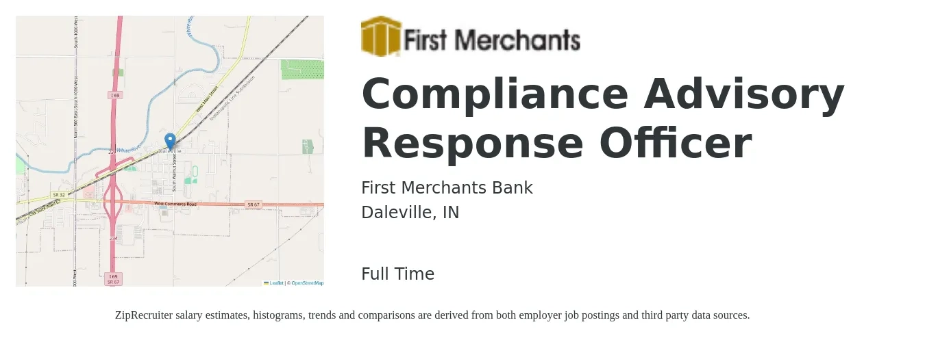 First Merchants Bank job posting for a Compliance Advisory Response Officer in Daleville, IN with a salary of $50,200 to $93,900 Yearly with a map of Daleville location.