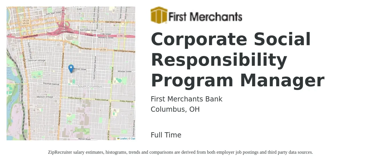 First Merchants Bank job posting for a Corporate Social Responsibility Program Manager in Columbus, OH with a salary of $39,600 to $67,600 Yearly with a map of Columbus location.
