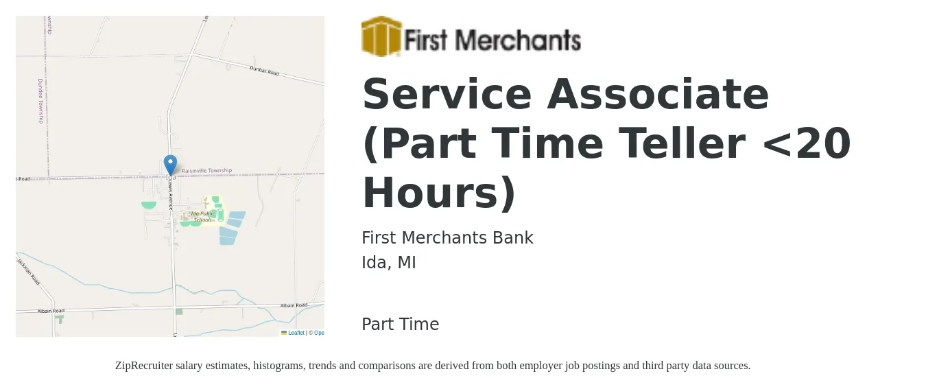 First Merchant's Bank job posting for a Service Associate (Part Time Teller <20 Hours) in Ida, MI with a salary of $15 to $19 Hourly with a map of Ida location.