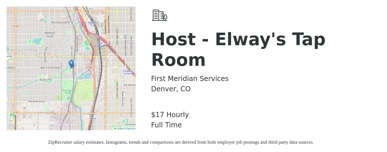 First Meridian Services job posting for a Host - Elway's Tap Room in Denver, CO with a salary of $18 Hourly with a map of Denver location.