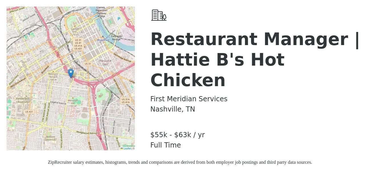 First Meridian Services job posting for a Restaurant Manager | Hattie B's Hot Chicken in Nashville, TN with a salary of $55,000 to $63,000 Yearly with a map of Nashville location.