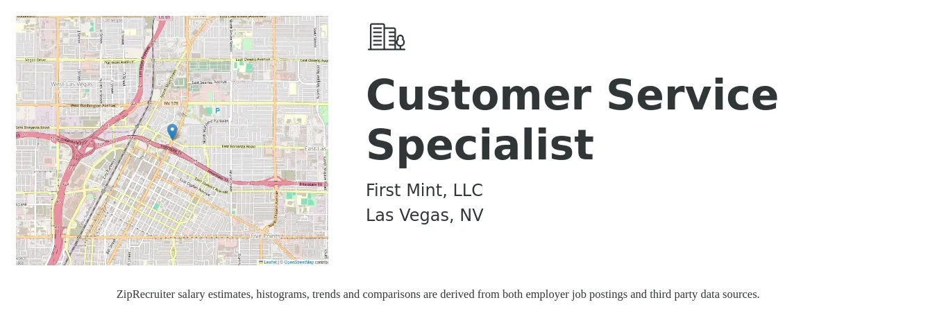 First Mint, LLC job posting for a Customer Service Specialist in Las Vegas, NV with a salary of $16 to $22 Hourly with a map of Las Vegas location.