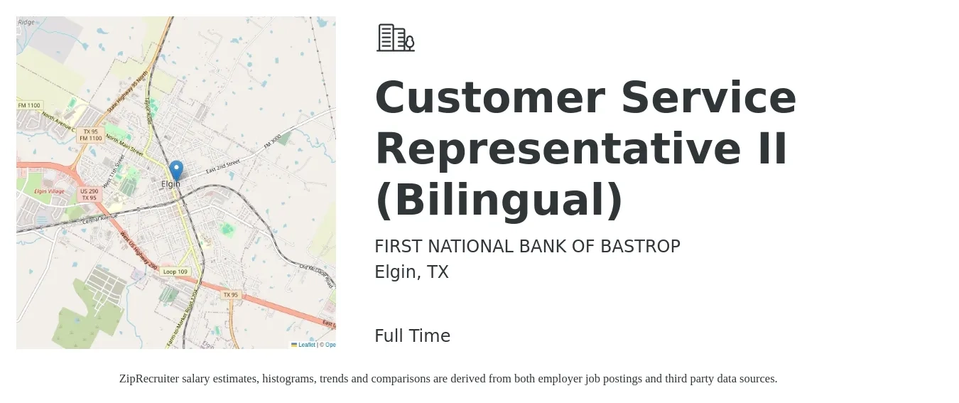 FIRST NATIONAL BANK OF BASTROP job posting for a Customer Service Representative II (Bilingual) in Elgin, TX with a salary of $15 to $18 Hourly with a map of Elgin location.