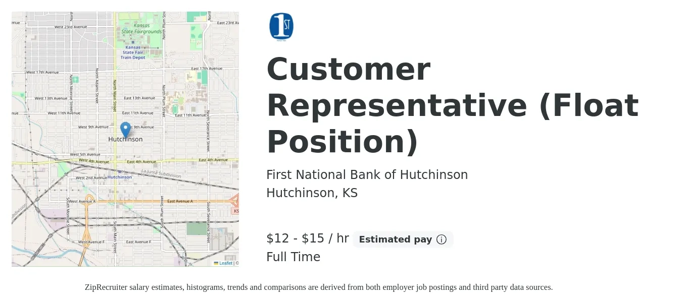 First National Bank of Hutchinson job posting for a Customer Representative (Float Position) in Hutchinson, KS with a salary of $14 to $16 Hourly with a map of Hutchinson location.