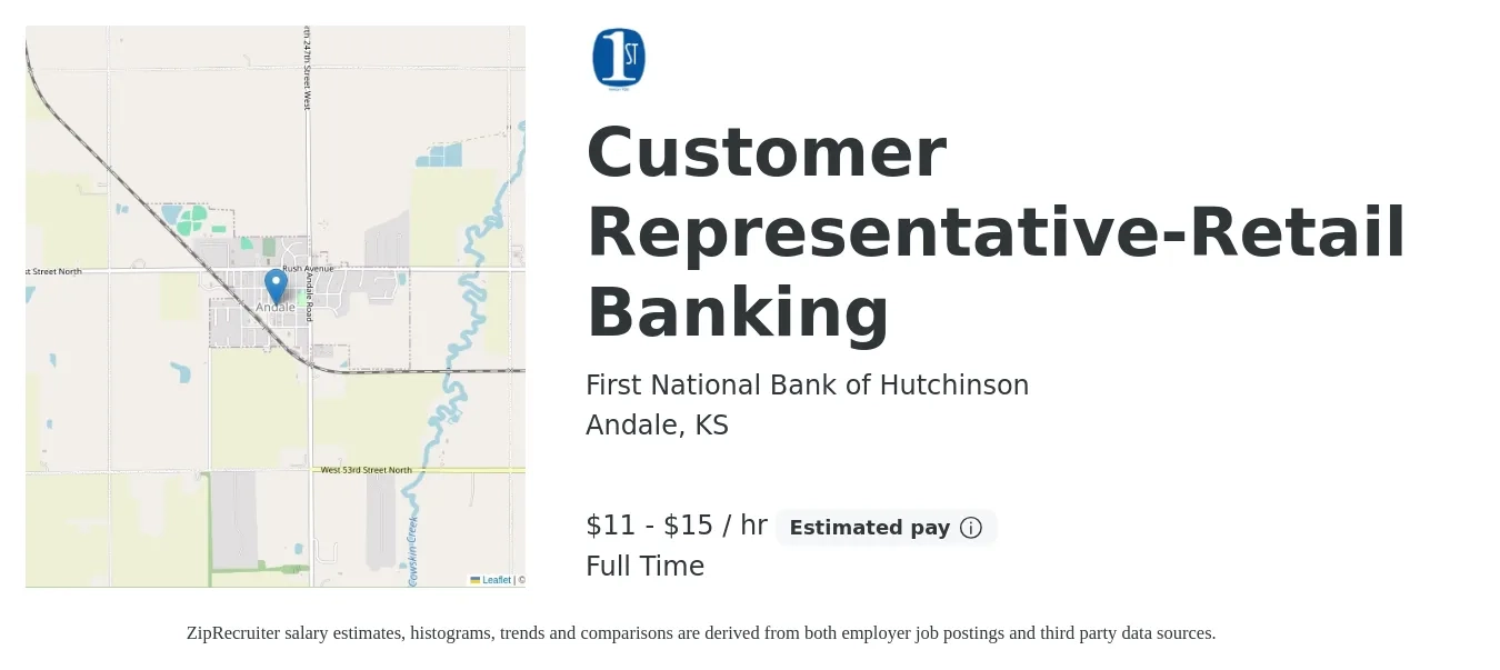 First National Bank of Hutchinson job posting for a Customer Representative-Retail Banking in Andale, KS with a salary of $12 to $16 Hourly with a map of Andale location.