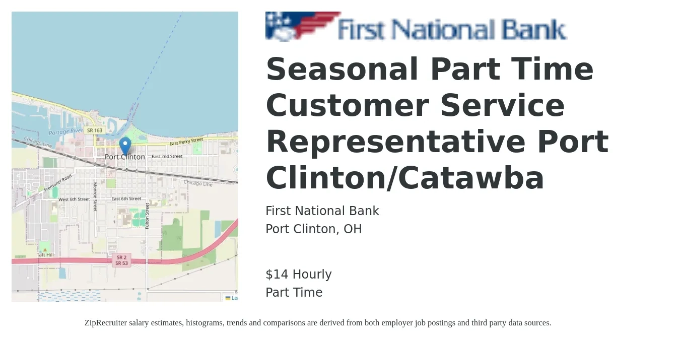 First National Bank job posting for a Seasonal Part Time Customer Service Representative Port Clinton/Catawba in Port Clinton, OH with a salary of $15 Hourly with a map of Port Clinton location.