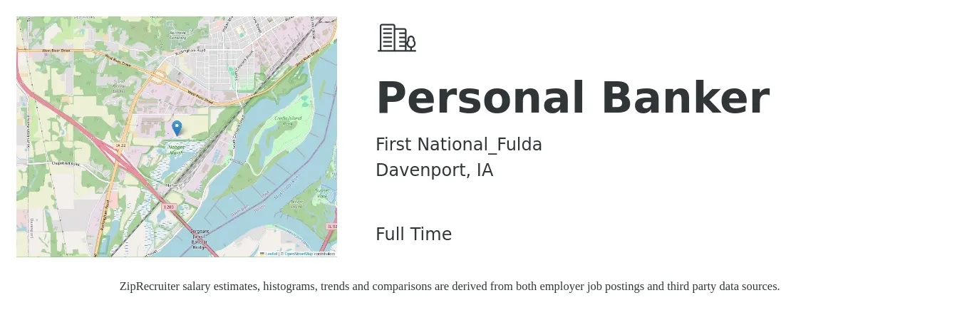 First National_Fulda job posting for a Personal Banker in Davenport, IA with a salary of $17 to $21 Hourly with a map of Davenport location.