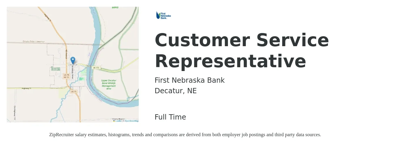 First Nebraska Bank job posting for a Customer Service Representative in Decatur, NE with a salary of $14 to $20 Hourly with a map of Decatur location.
