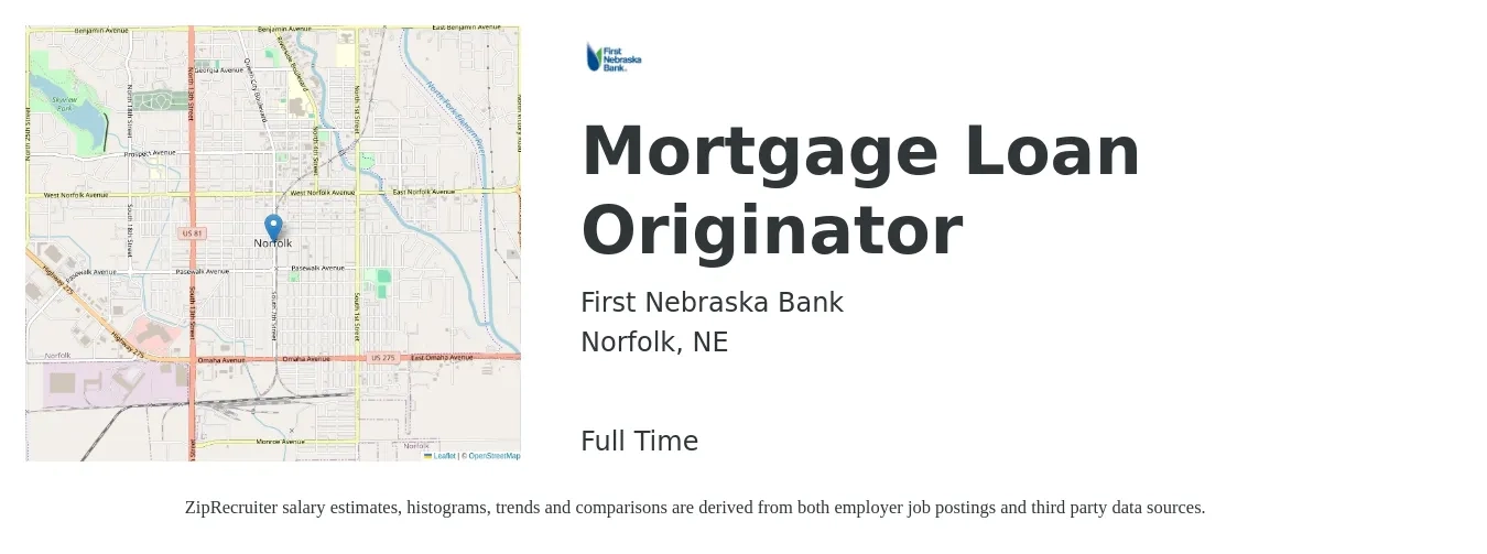First Nebraska Bank job posting for a Mortgage Loan Originator in Norfolk, NE with a salary of $15 to $44 Hourly with a map of Norfolk location.