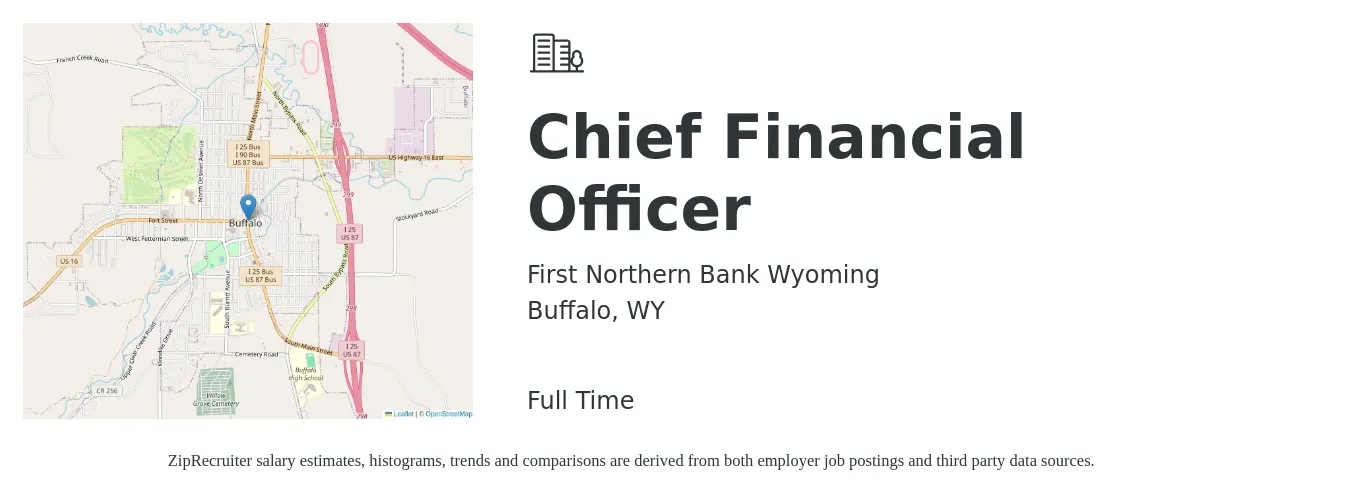 First Northern Bank Wyoming job posting for a Chief Financial Officer in Buffalo, WY with a salary of $128,400 to $364,300 Yearly with a map of Buffalo location.