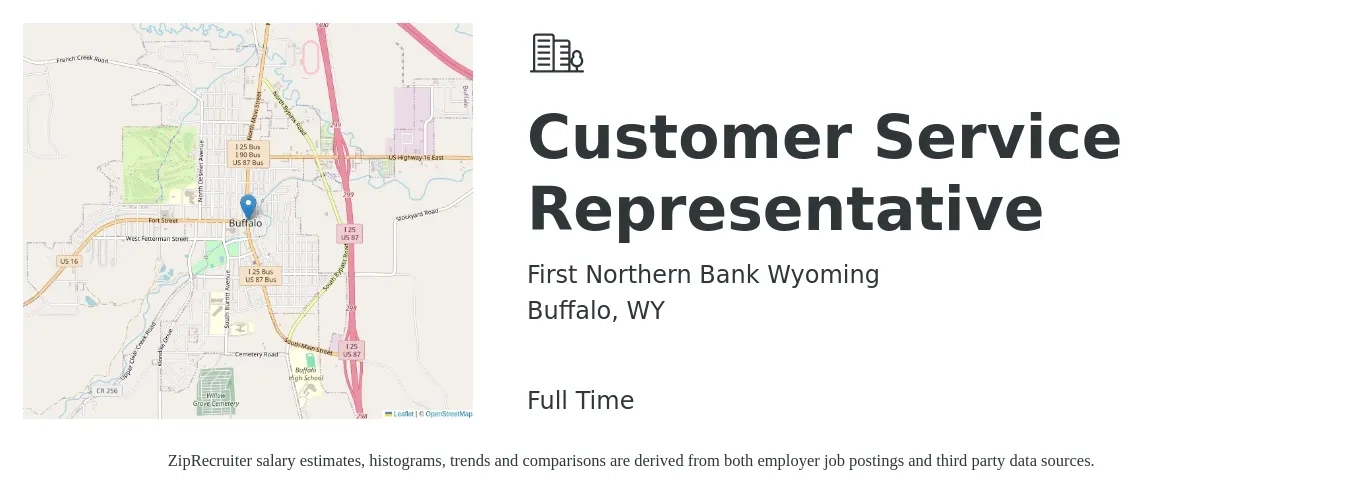 First Northern Bank Wyoming job posting for a Customer Service Representative in Buffalo, WY with a salary of $14 to $20 Hourly with a map of Buffalo location.