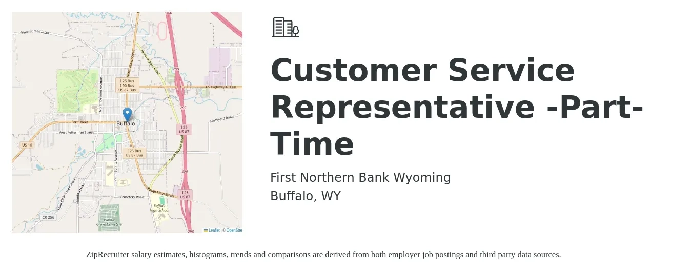 First Northern Bank Wyoming job posting for a Customer Service Representative -Part-Time in Buffalo, WY with a salary of $14 to $20 Hourly with a map of Buffalo location.