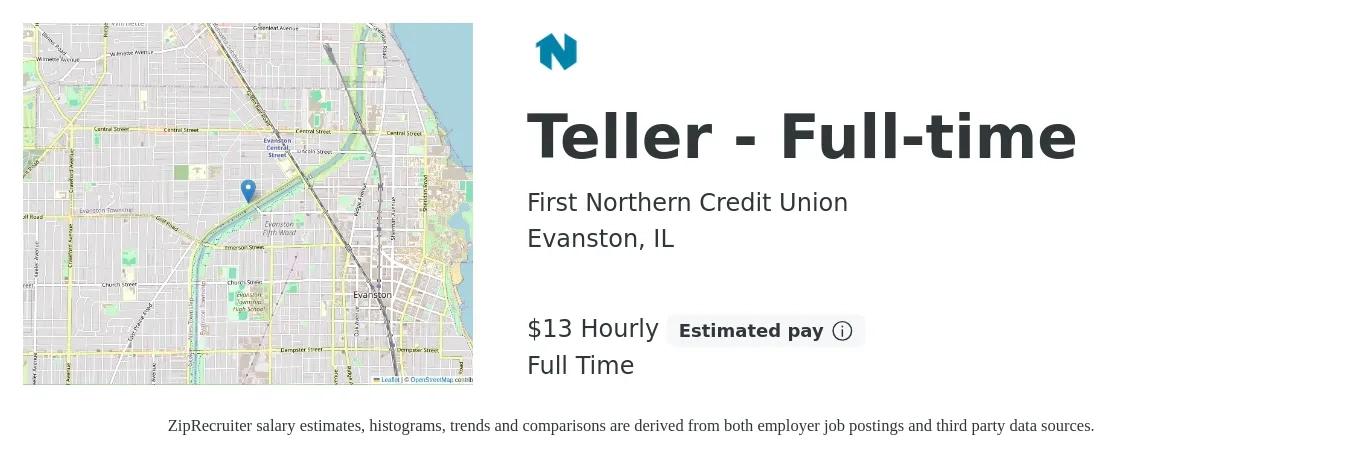 First Northern Credit Union job posting for a Teller - Full-time in Evanston, IL with a salary of $14 Hourly with a map of Evanston location.