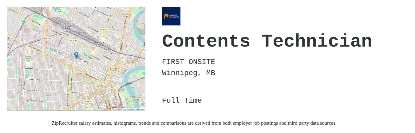 FIRST ONSITE job posting for a Contents Technician in Winnipeg, MB and benefits including Medical and Dental with a map of Winnipeg location.