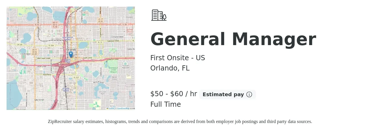 First Onsite - US job posting for a General Manager in Orlando, FL with a salary of $110,000 to $130,000 Yearly with a map of Orlando location.