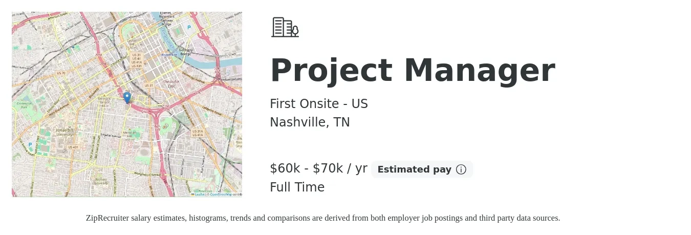 First Onsite - US job posting for a Project Manager in Nashville, TN with a salary of $60,000 to $70,000 Yearly with a map of Nashville location.