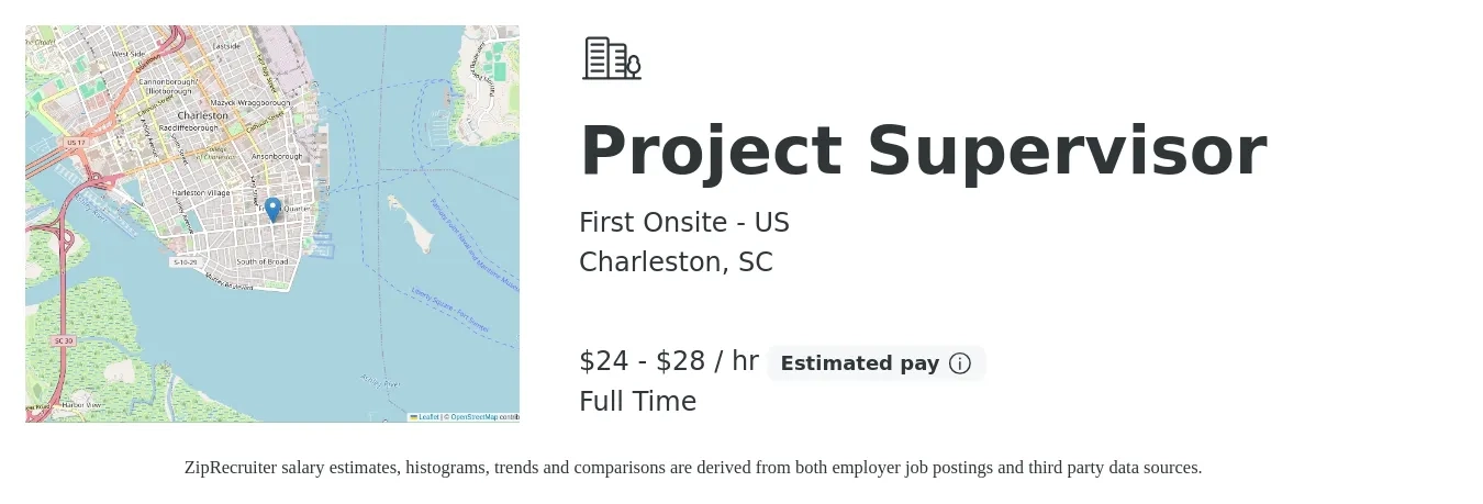 First Onsite - US job posting for a Project Supervisor in Charleston, SC with a salary of $25 to $30 Hourly with a map of Charleston location.