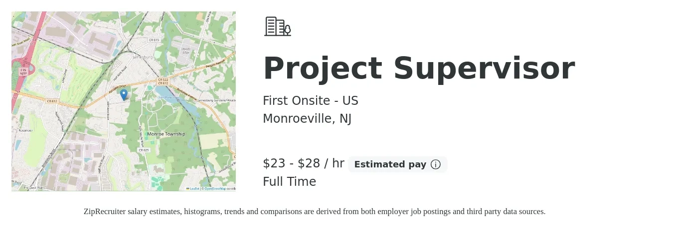 First Onsite - US job posting for a Project Supervisor in Monroeville, NJ with a salary of $24 to $30 Hourly with a map of Monroeville location.
