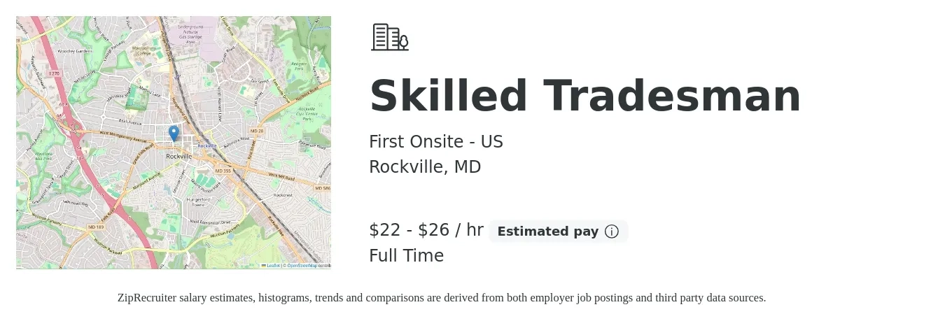 First Onsite - US job posting for a Skilled Tradesman in Rockville, MD with a salary of $23 to $28 Hourly with a map of Rockville location.