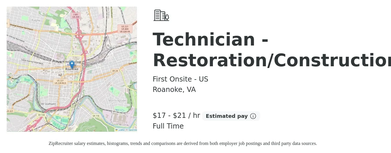 First Onsite - US job posting for a Technician - Restoration/Construction in Roanoke, VA with a salary of $18 to $22 Hourly with a map of Roanoke location.
