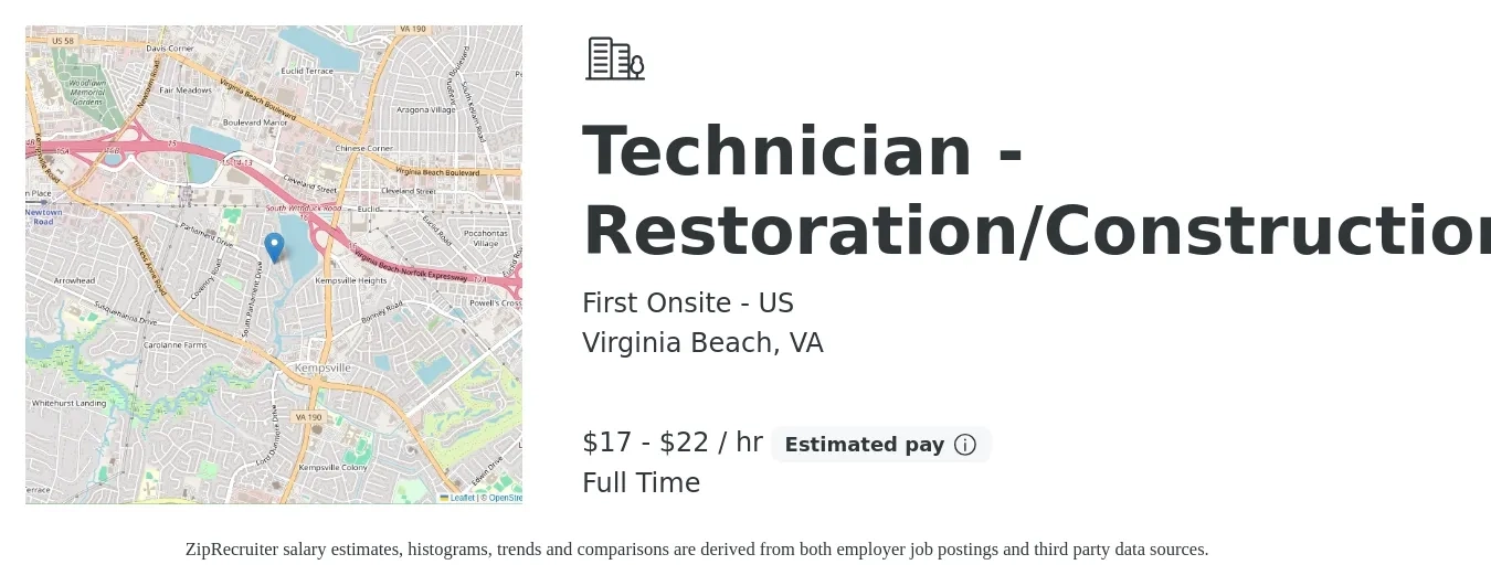 First Onsite - US job posting for a Technician - Restoration/Construction in Virginia Beach, VA with a salary of $18 to $23 Hourly with a map of Virginia Beach location.