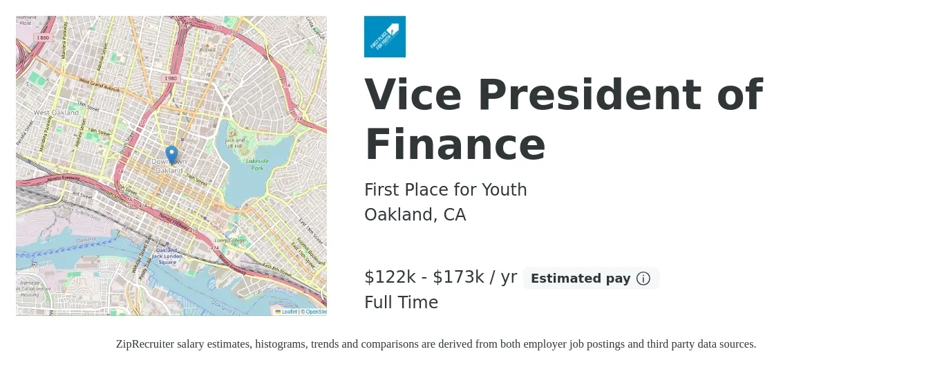 First Place for Youth job posting for a Vice President of Finance in Oakland, CA with a salary of $122,220 to $173,713 Yearly with a map of Oakland location.