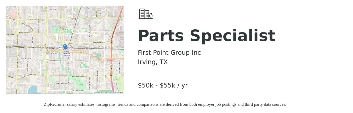 First Point Group Inc job posting for a Parts Specialist in Irving, TX with a salary of $50,000 to $55,000 Yearly and benefits including vision, dental, life_insurance, medical, pto, and retirement with a map of Irving location.