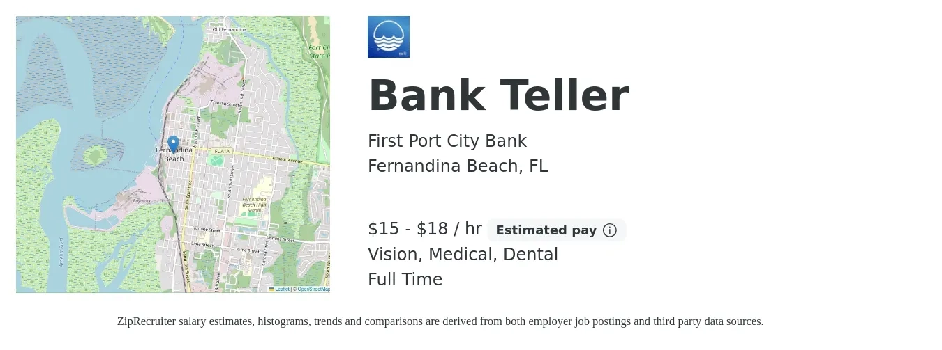First Port City Bank job posting for a Bank Teller in Fernandina Beach, FL with a salary of $16 to $19 Hourly and benefits including dental, life_insurance, medical, pto, retirement, and vision with a map of Fernandina Beach location.