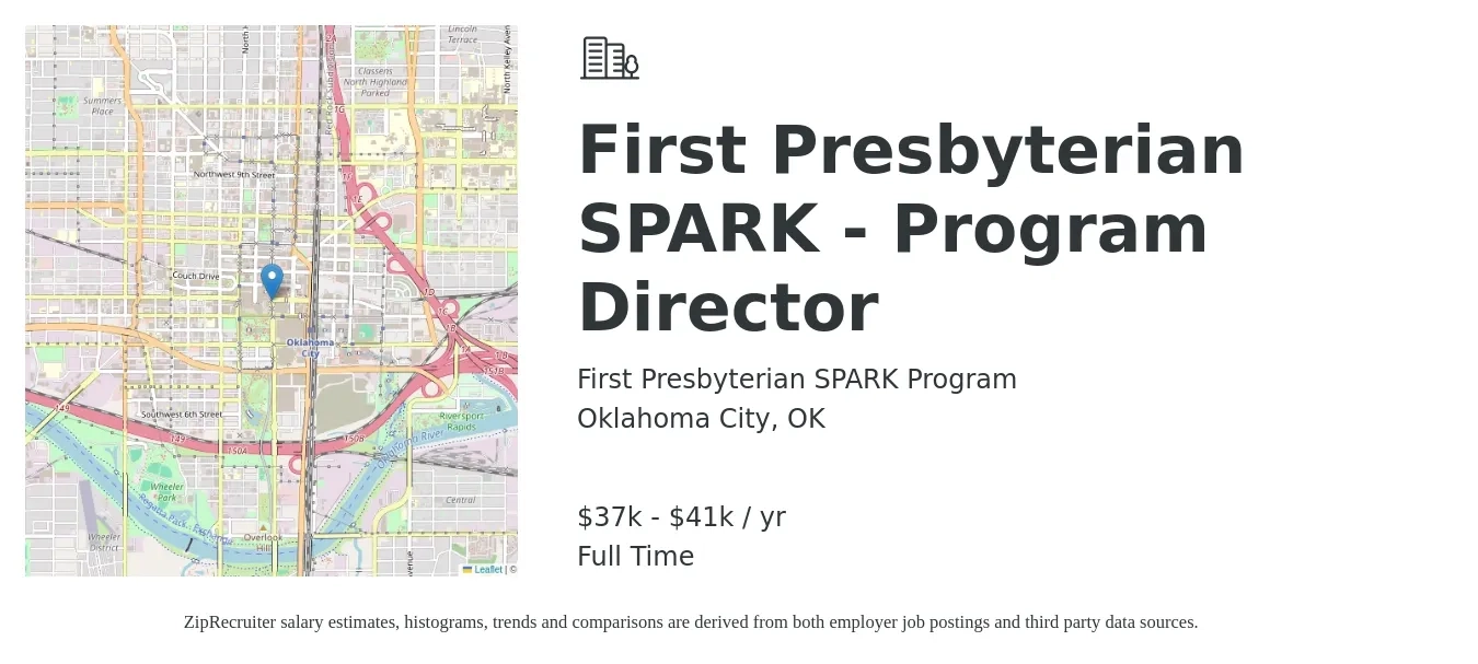 First Presbyterian SPARK Program job posting for a First Presbyterian SPARK - Program Director in Oklahoma City, OK with a salary of $37,429 to $41,600 Yearly with a map of Oklahoma City location.