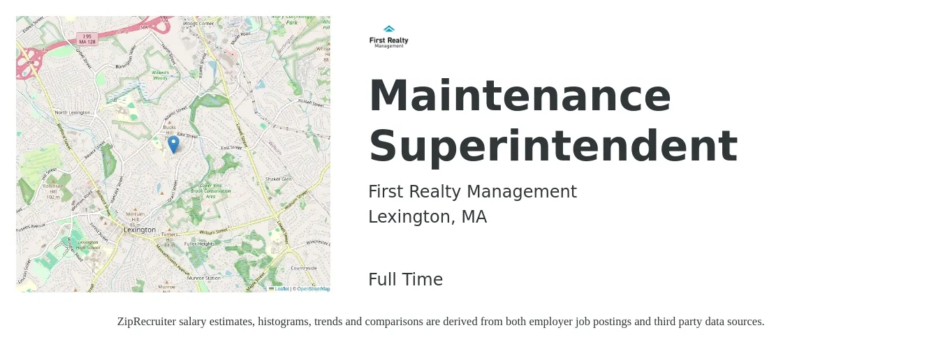 First Realty Management job posting for a Maintenance Superintendent in Lexington, MA with a salary of $27 to $45 Hourly with a map of Lexington location.