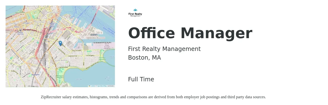 First Realty Management job posting for a Office Manager in Boston, MA with a salary of $43,600 to $64,300 Yearly with a map of Boston location.