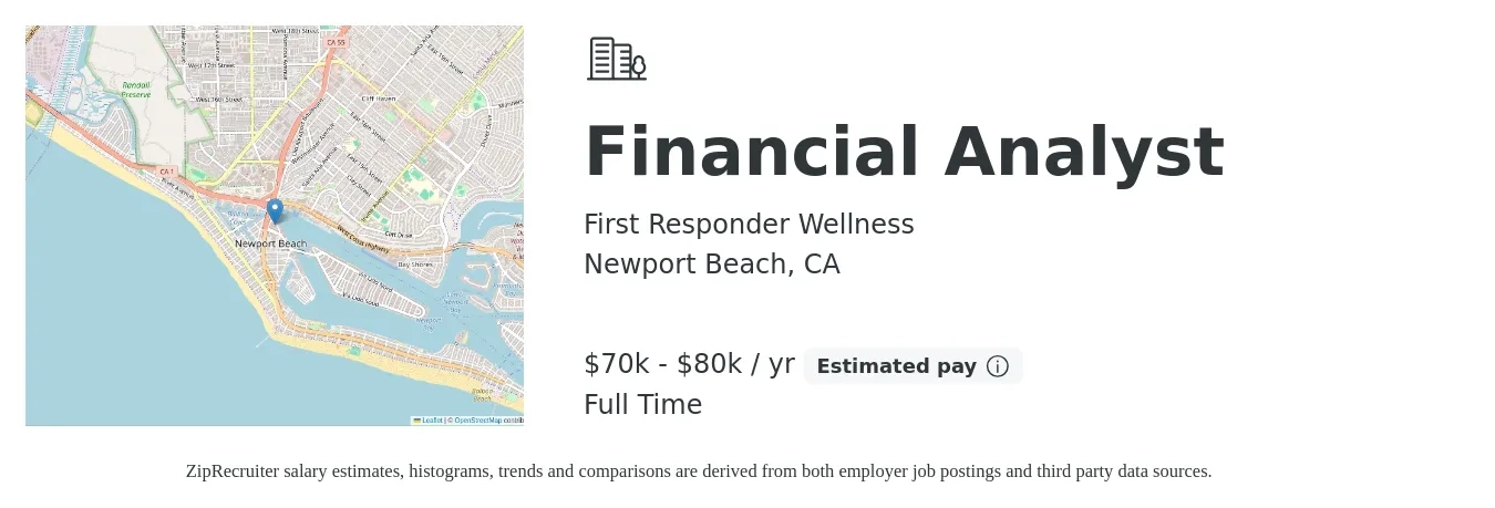 First Responder Wellness job posting for a Financial Analyst in Newport Beach, CA with a salary of $70,000 to $80,000 Yearly with a map of Newport Beach location.