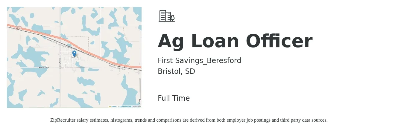First Savings_Beresford job posting for a Ag Loan Officer in Bristol, SD with a salary of $44,000 to $86,100 Yearly with a map of Bristol location.