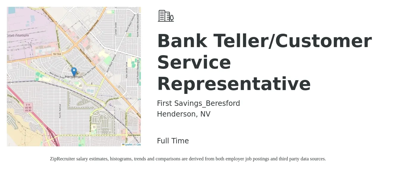 First Savings_Beresford job posting for a Bank Teller/Customer Service Representative in Henderson, NV with a salary of $14 to $18 Hourly with a map of Henderson location.